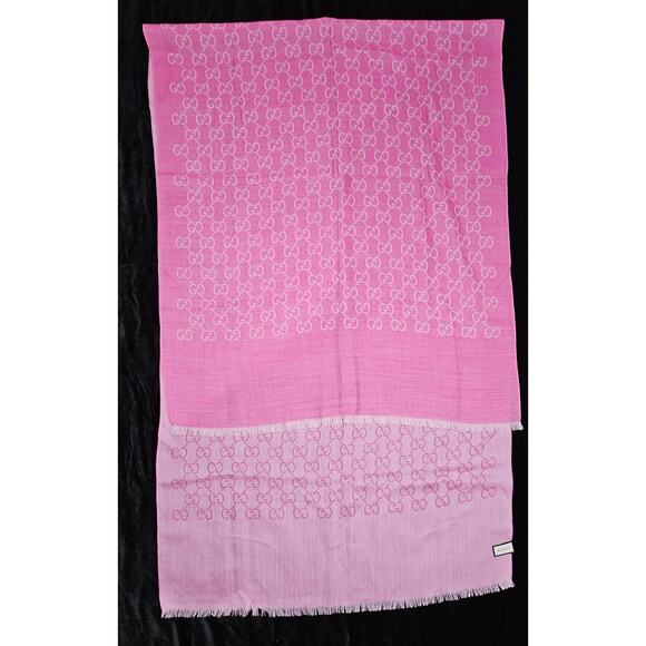 GUCCI Pink Jacquard Logo GG Wool Silk Scarf - Picture 1 of 14